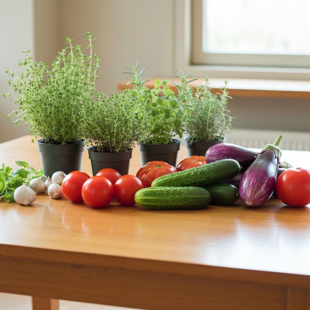 Drewniany stół ze świeżymi składnikami i ziołami