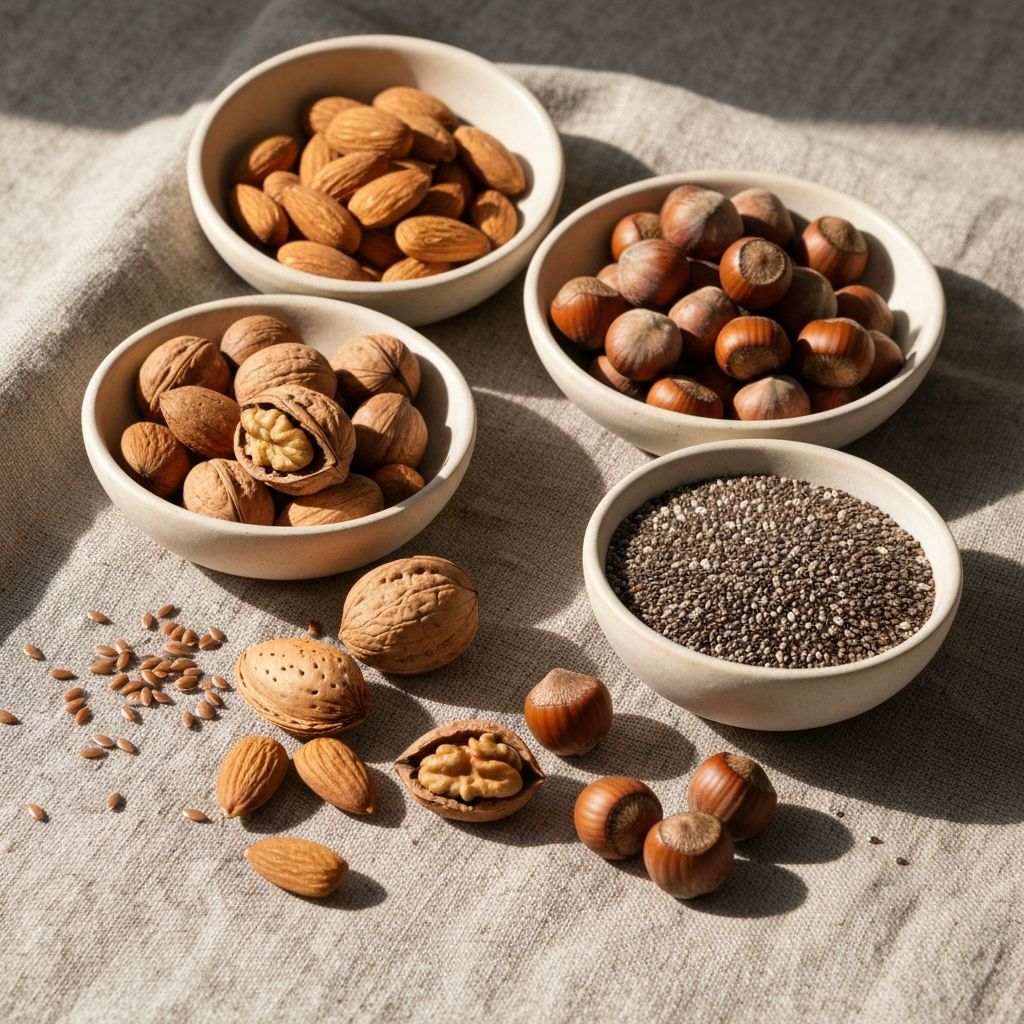 Różnorodne orzechy w skorupkach i nasiona w miseczkach