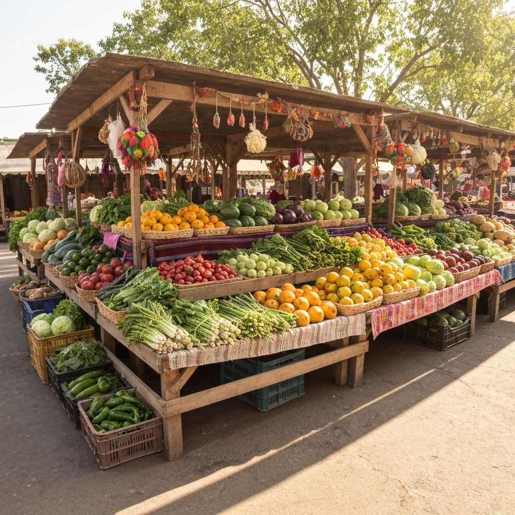 Tradycyjny targ z świeżymi warzywami i owocami